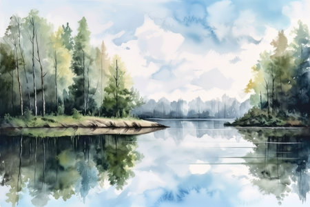 forest lake with reflection of the trees and sky, painted in watercolor, created with generative aiの素材