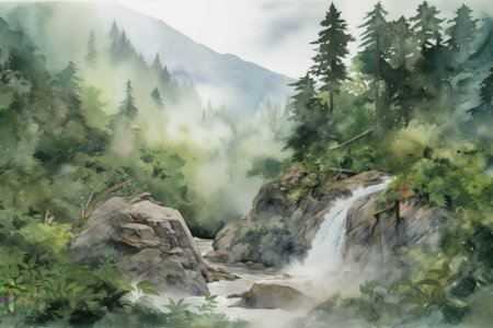 forest watercolor scene, with view of misty waterfall and cascading water, created with generative aiの素材