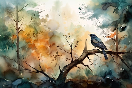 forest watercolor scene with bird perched on branch, created with generative aiの素材