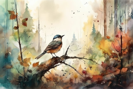 forest watercolor scene with bird perched on branch, created with generative aiの素材
