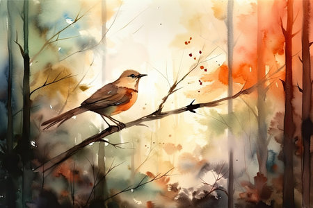 forest watercolor scene with bird perched on branch, created with generative aiの素材