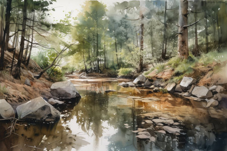 watercolor scene of forest stream with crystal-clear water and reflections, created with generative aiの素材