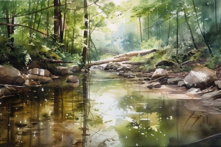watercolor scene of forest stream with crystal-clear water and reflections, created with generative aiの素材