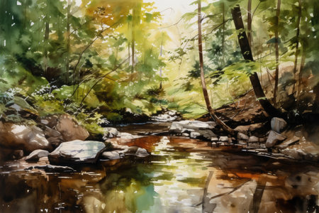 forest stream with watercolor reflections and foliage in the background, created with generative aiの素材