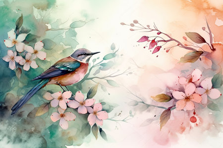 watercolor forest scene with bird on a branch, surrounded by blooming flowers, created with generative aiの素材