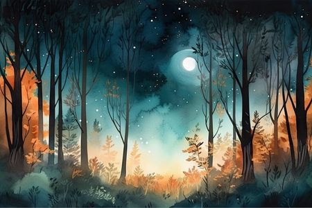 forest watercolor scene with fireflies, stars and moonlight, created with generative aiの素材