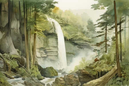 watercolor forest scene with majestic waterfall, surrounded by greenery, created with generative aiの素材
