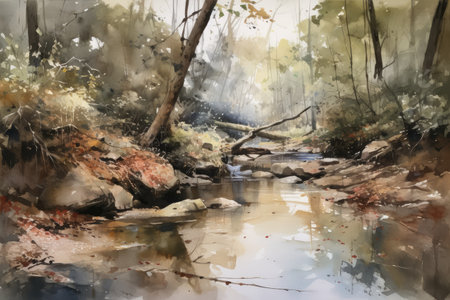 watercolor painting of forest stream, with reflections and delicate colors, created with generative aiの素材