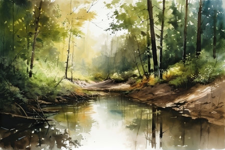 watercolor illustration of forest stream, with reflections and foliage, created with generative aiの素材