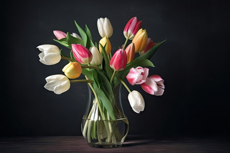 a bouquet of delicate spring tulips in a vase, created with generative aiの素材