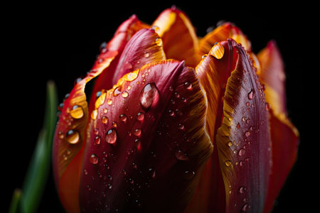 close-up of spring tulip, with droplets of water on each petal, created with generative aiの素材
