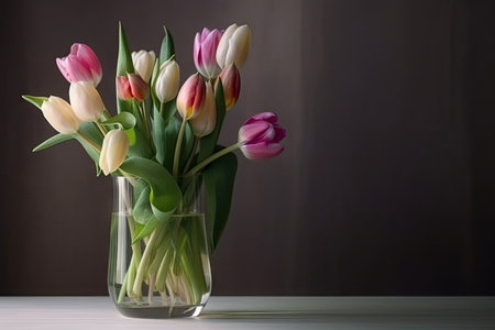 a bouquet of delicate spring tulips in a vase, created with generative aiの素材