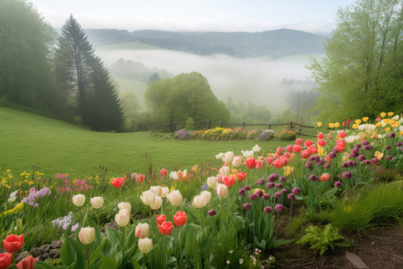 delicate spring tulip garden with backdrop of rolling hills, created with generative aiの素材