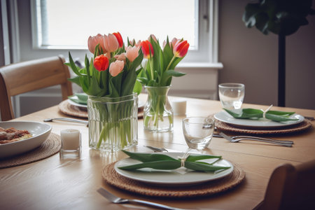 tulips in a vase on a table, next to plates and cutlery, created with generative aiの素材
