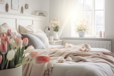warm, cozy bedroom with delicate spring tulips and pastel colors, created with generative aiの素材