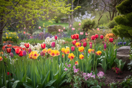tulips blooming in a country garden, surrounded by colorful foliage, created with generative aiの素材
