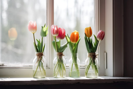 delicate spring tulips in vase on windowsill, created with generative aiの素材