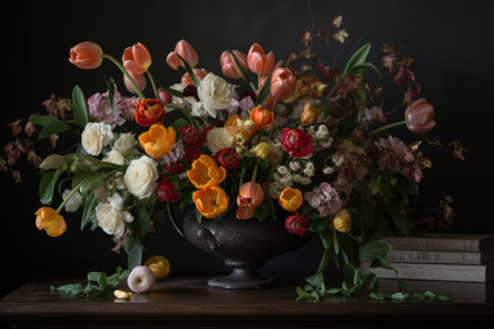 subdued floral arrangement with tulips and other seasonal blooms, created with generative aiの素材