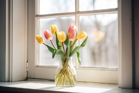 delicate spring tulips in vase on windowsill, created with generative aiの素材