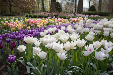 delicate spring tulip garden in full bloom, with blooming hyacinths and crocuses, created with generative aiの素材