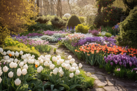 delicate spring tulip garden in full bloom, with blooming hyacinths and crocuses, created with generative aiの素材