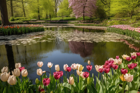 a still pond surrounded by delicate tulips in full bloom, created with generative aiの素材