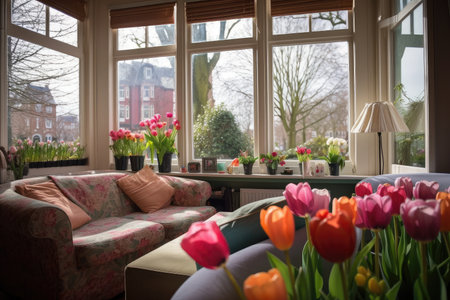 a cozy living room, with a view of tulips blooming in the front garden, created with generative aiの素材