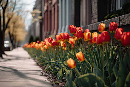 tulips in a row, blooming beautifully on a quiet street, created with generative aiの素材