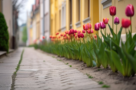 tulips in a row, blooming beautifully on a quiet street, created with generative aiの素材