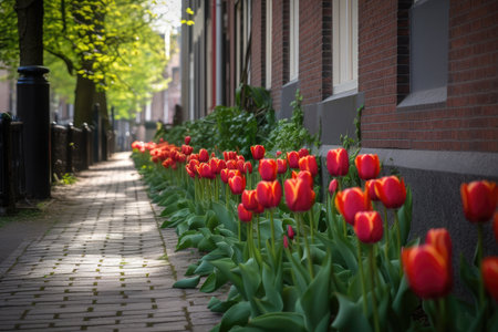 tulips in a row, blooming beautifully on a quiet street, created with generative aiの素材