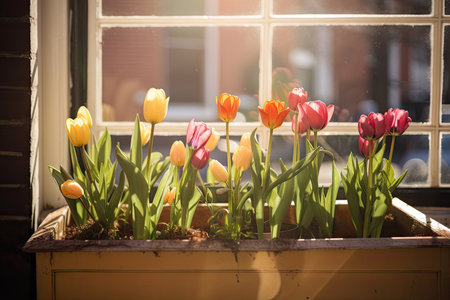 delicate spring tulips blooming in window box on sunny day, created with generative aiの素材