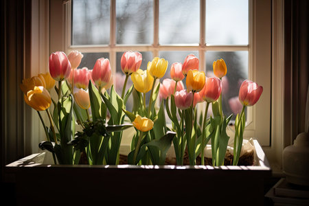 delicate spring tulips blooming in window box on sunny day, created with generative aiの素材