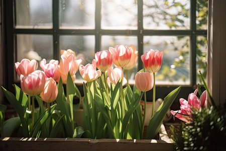 delicate spring tulips blooming in window box on sunny day, created with generative aiの素材