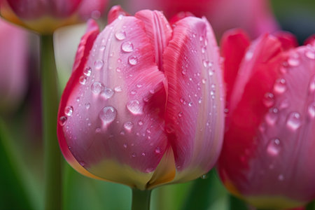 close-up of delicate spring tulips, with dew drops on each petal, created with generative aiの素材
