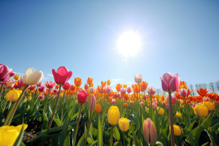 tulip field in bloom, with blooming flowers and clear blue sky visible behind, created with generative aiの素材
