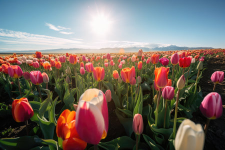 tulip field in bloom, with blooming flowers and clear blue sky visible behind, created with generative aiの素材
