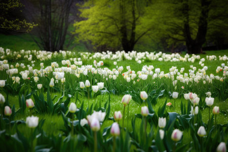 lush green meadow dotted with delicate spring tulips, created with generative aiの素材