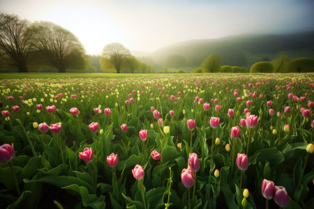 lush green meadow dotted with delicate spring tulips, created with generative aiの素材
