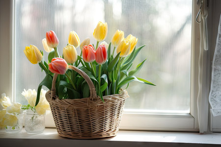 basket of delicate spring tulips on windowsill, created with generative aiの素材