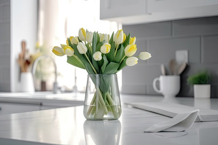 delicate spring tulips in vase on kitchen countertop, created with generative aiの素材