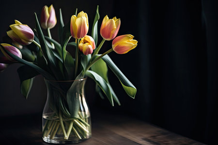 greeting card with close-up of delicate spring tulips in a vase, created with generative aiの素材