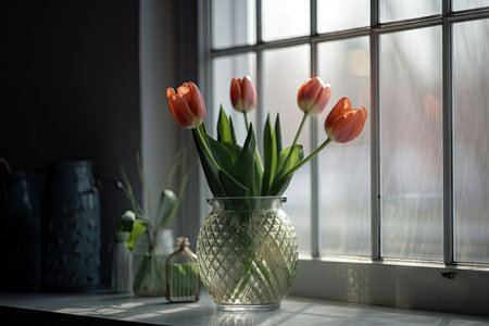 delicate spring tulips in glass vase on windowsill, created with generative aiの素材