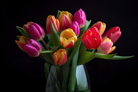 close-up of vibrant tulips in a vase, created with generative aiの素材