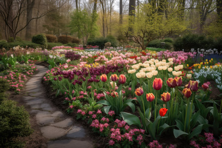 intricate tulip garden with a variety of colors and textures, created with generative aiの素材