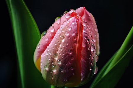 close-up of delicate spring tulip with dew drops, created with generative aiの素材