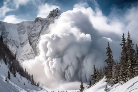 spectacular avalanche crashing down the side of a mountain with clouds in the background, created with generative aiの素材