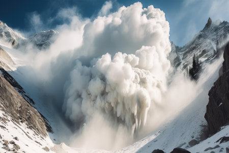 spectacular avalanche crashing down the side of a mountain with clouds in the background, created with generative aiの素材