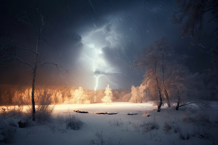 snowstorm with lightning and thunder, adding a dramatic element to the scene, created with generative aiの素材