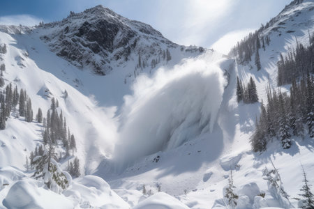 avalanche descending from snowy peak, with waterfall visible in the distance, created with generative aiの素材