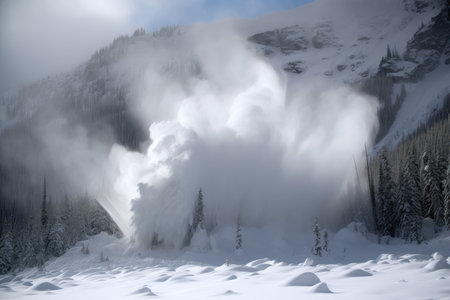 snowstorm with heavy, wet snow creating avalanches in the background, created with generative aiの素材